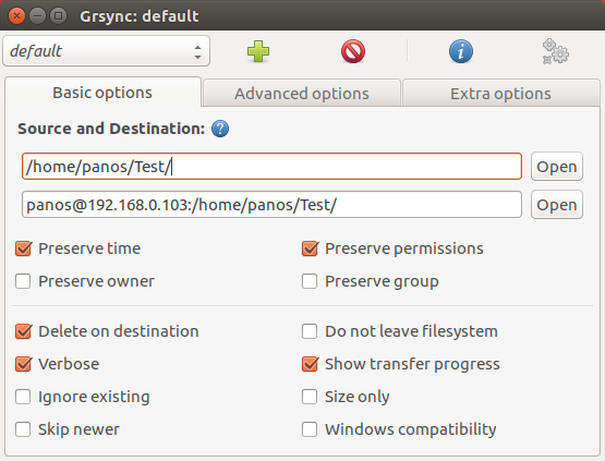 Grsync - Source and destination